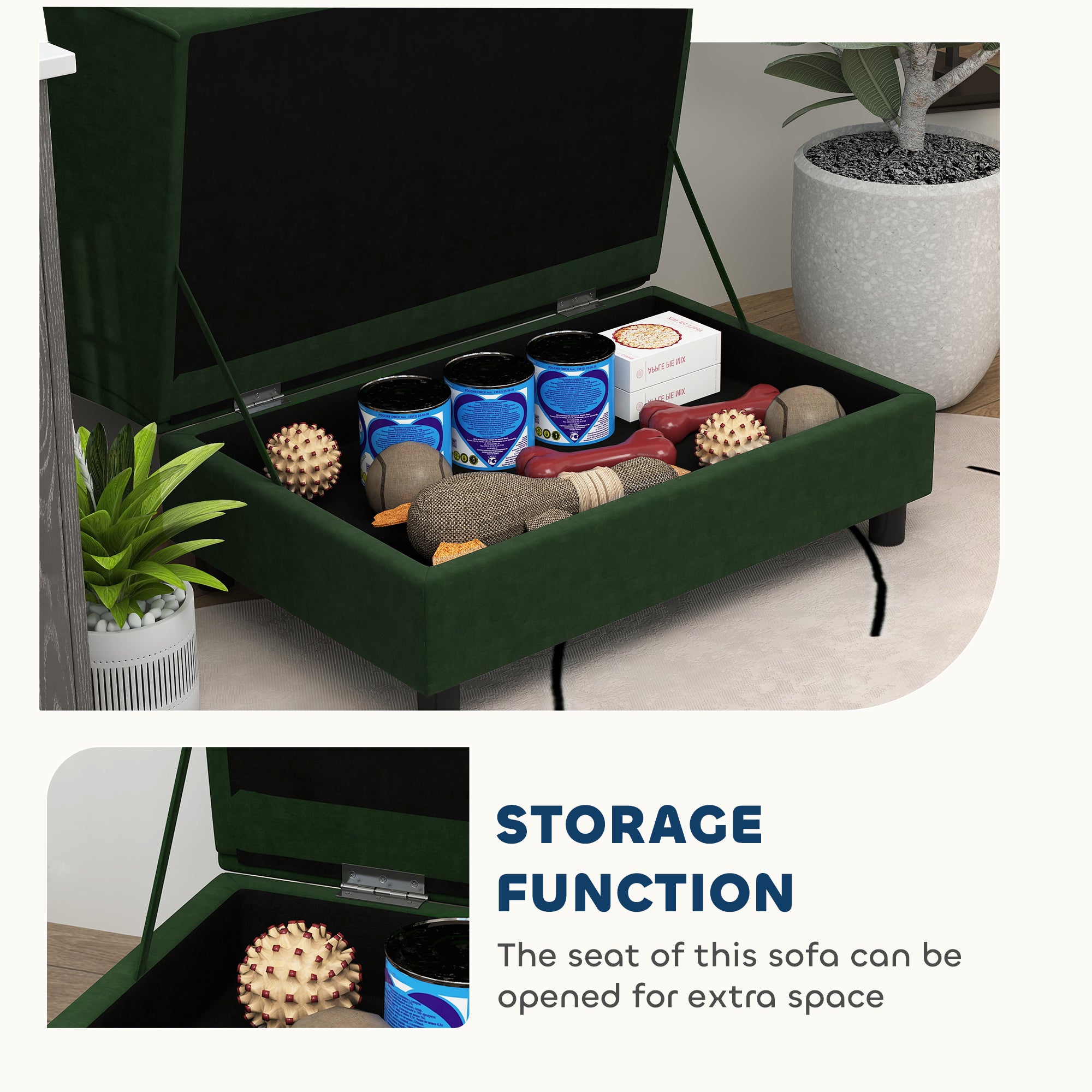 Voyager dog bed sofa lift-top storage open revealing 23-litre toy storage space