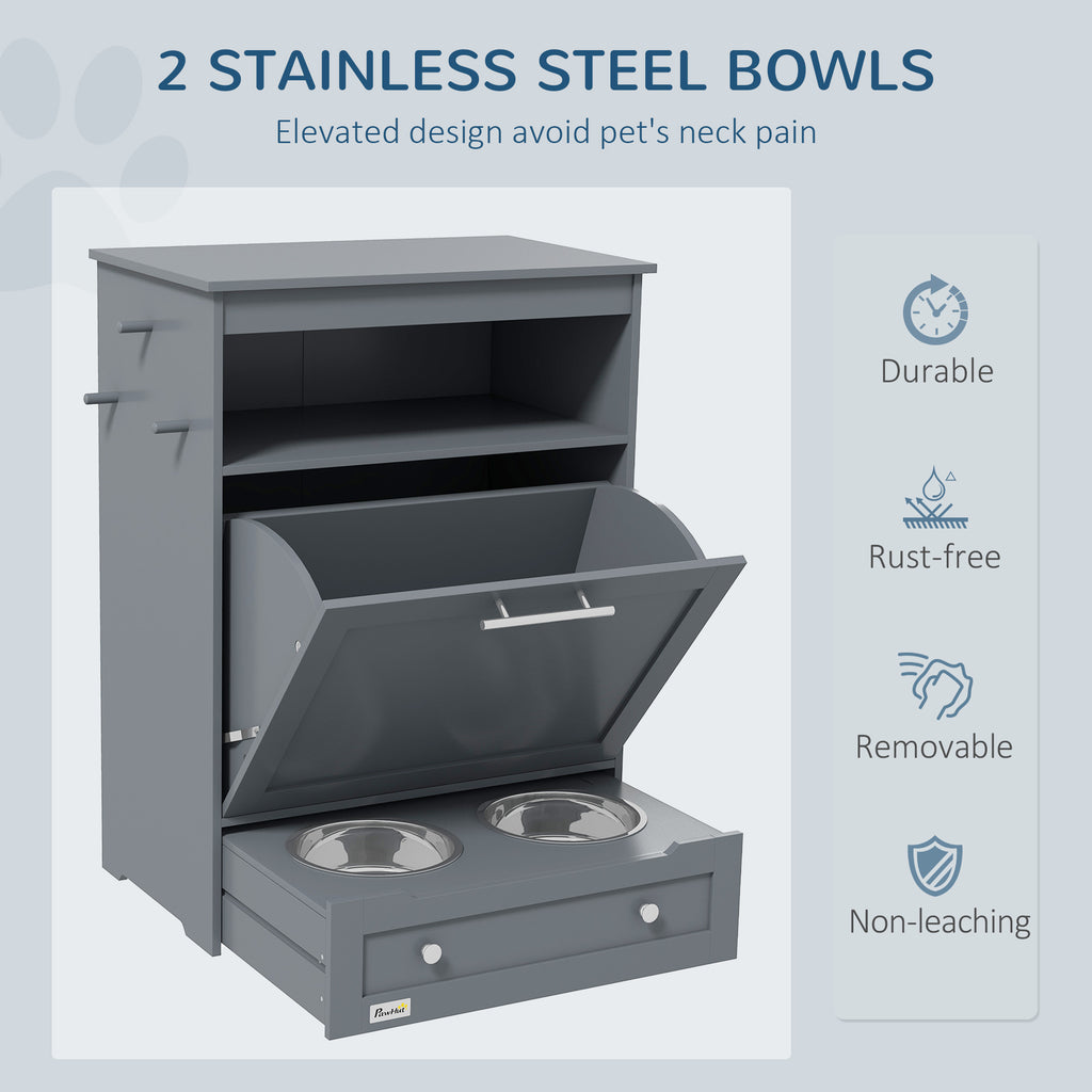Gray pet feeding station with two stainless steel bowls, featuring text on benefits.