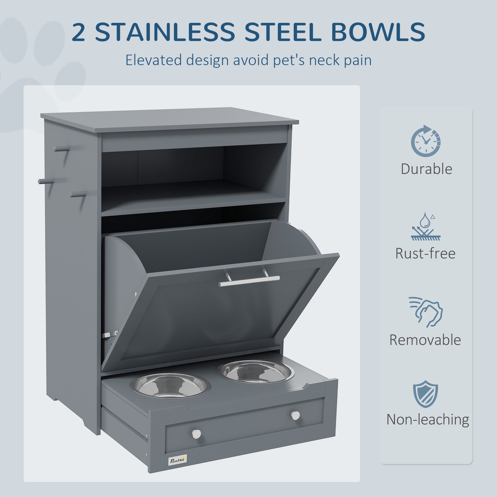 Gray pet feeding station with two stainless steel bowls, featuring text on benefits.