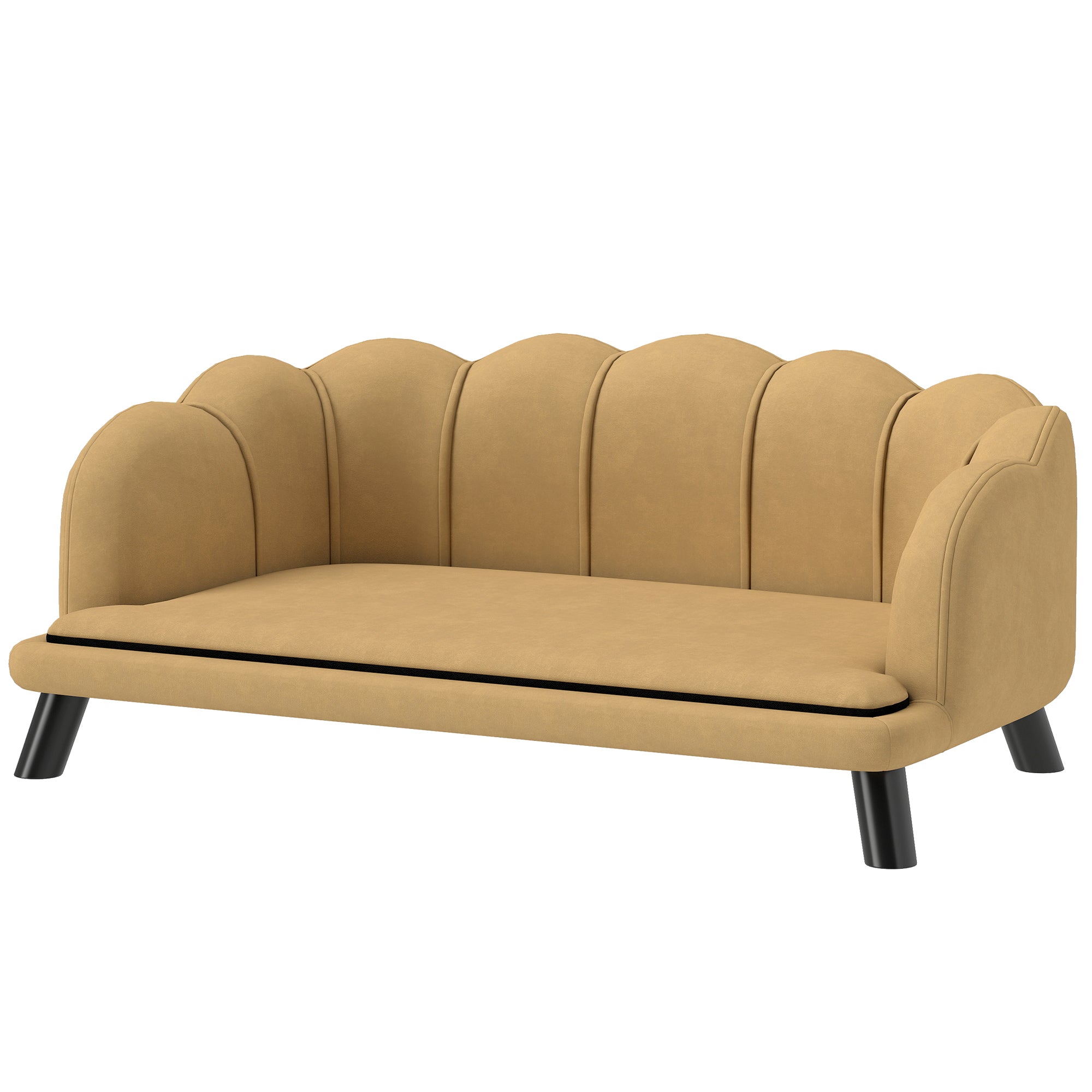 Beige sofa with scalloped backrest on a white background