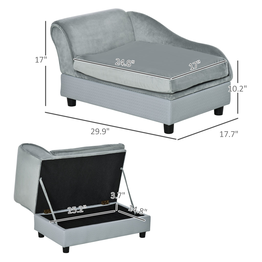 Gray upholstered chair with dimensions labeled on a white background