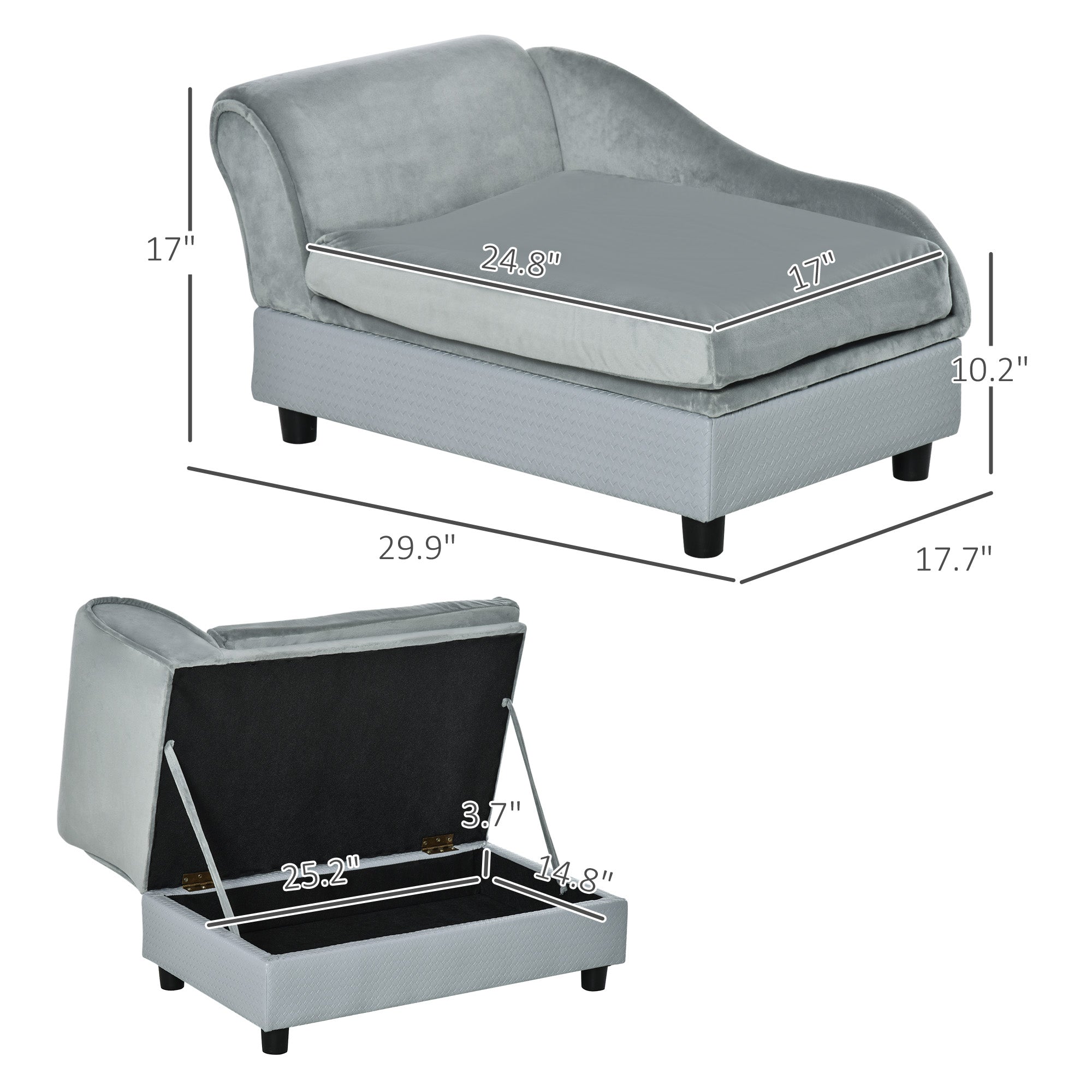 Gray upholstered chair with dimensions labeled on a white background
