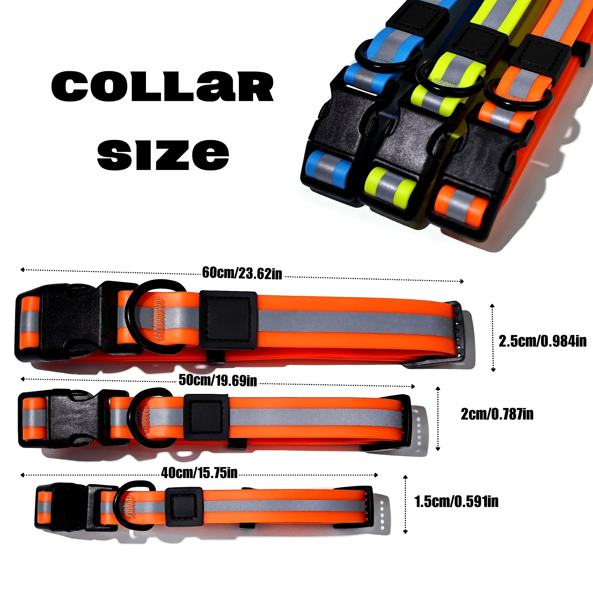 Dog collars in various sizes with measurement details on a white background