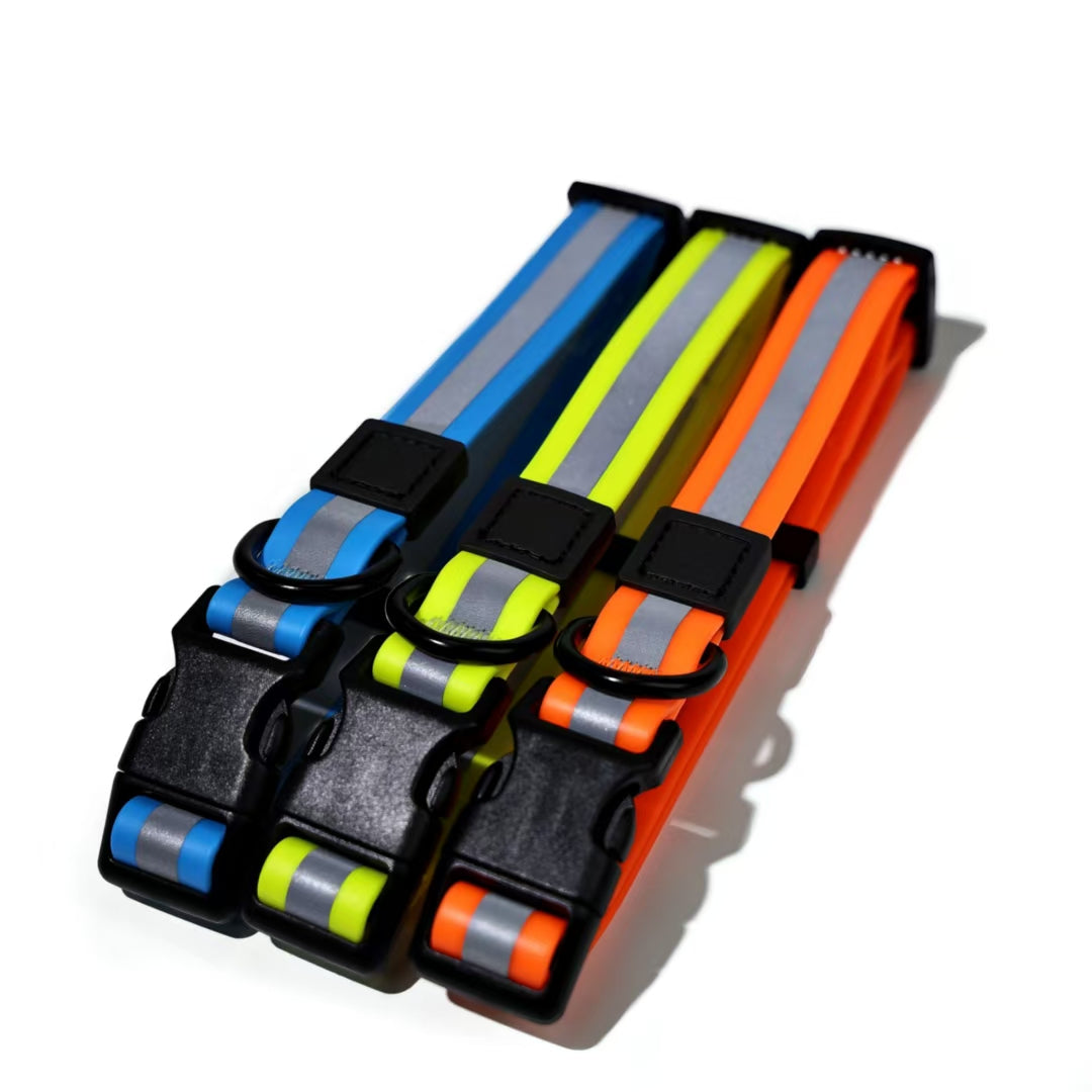 Set of four dog collars in blue, green, yellow, and orange on a white background